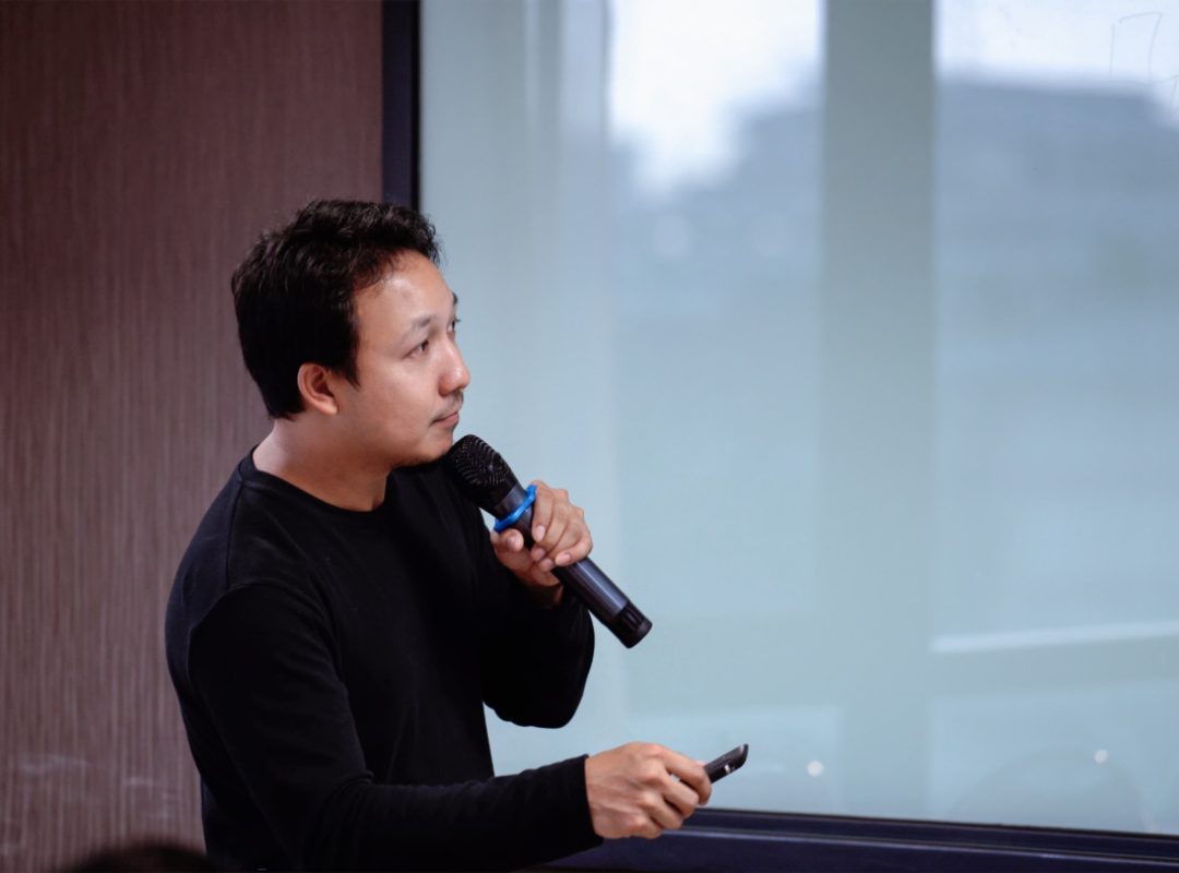 Closeup Asian Speaker or lecture with casual suit on the stage i